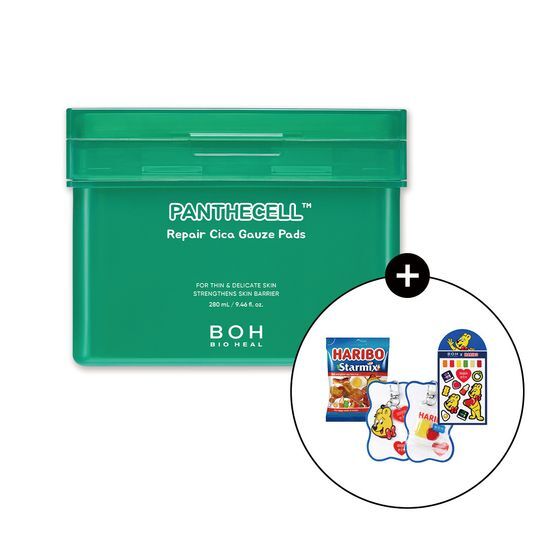 BioHealbo Pantesel Repair Cica Gauze Pad with 80ml refill, featuring Haribo collaboration items including jelly, stickers, and a keyring, perfect for skincare enthusiasts.