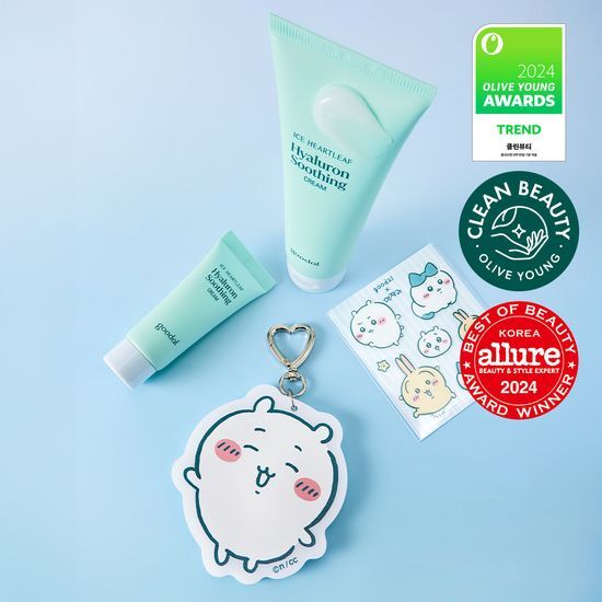 Goodal Mugwort Hyaluronic Soothing Cream set featuring 80ml and 20ml jars, accompanied by a Moonlight Mirror Keyring and sticker, perfect for skincare enthusiasts.