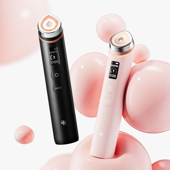 Beauty tool MediCube Booster Pro in Baby Pink and Black editions, designed for K-Beauty enthusiasts.