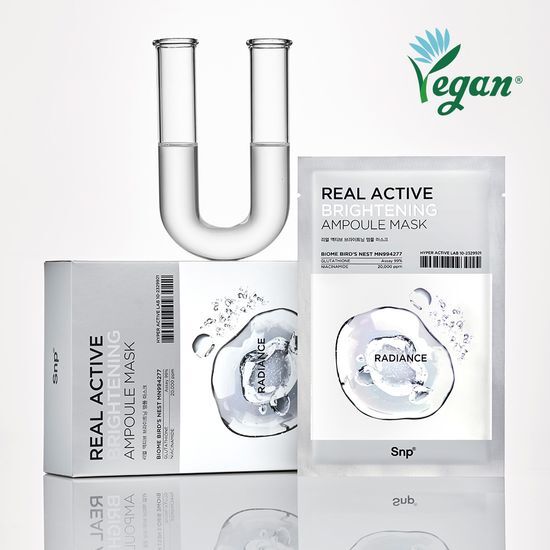 Alt text: SNP Real Active Brightening Ampoule Mask - 10 sheets of K-Beauty skincare masks designed to enhance skin radiance and hydration.