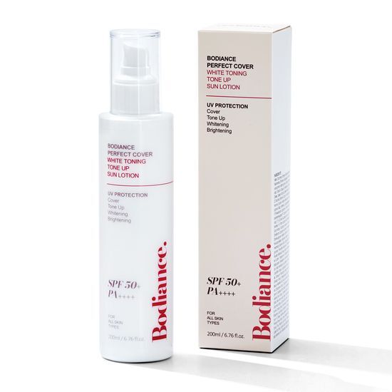 Bodyance Perfect Cover White Toning Tone-Up Sunscreen Lotion 200ml - K-Beauty skincare product for sun protection and skin tone enhancement.