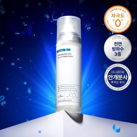 Celadix Skin Balancing pH 5.5 Toner Mist 120ml bottle featuring K-Beauty skincare for moisturized and balanced skin.