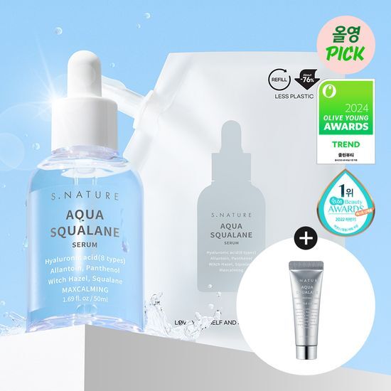 Esnature Aqua Squalane Serum 50ml Set with 50ml refill and 10ml moisturizing cream, featuring K-Beauty skincare essentials for hydration and nourishment.