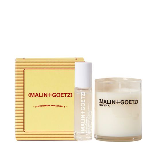 Malin + Goetz Holiday Strawberry Perfume Oil and Candle Set featuring 7ml Strawberry Perfume Oil and 67g Candle, perfect for a festive fragrance experience.