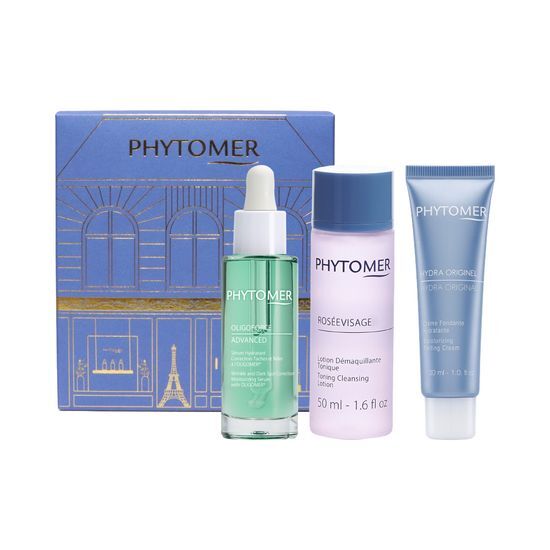 Phytomer Oligophos Serum Hydrating Advanced Set featuring a 30ml serum, 50ml Rosé Visage, and 30ml Hydra Original Melting Cream, perfect for skincare enthusiasts.