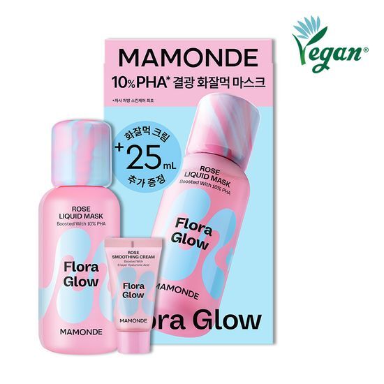 Set of Mamonde Flora Glow Rose Liquid Mask (80ml) and Smoothing Cream (25ml) for K-Beauty skincare.