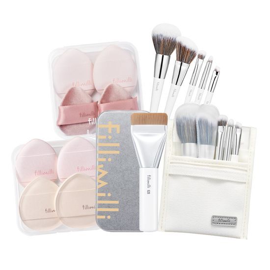 Alt text: Pillimilli Mini Beauty Tool Collection featuring a spatula brush, brush set, and mini tapping & plump puff, designed for K-Beauty makeup application.