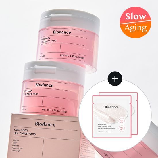 BioDance Bio Collagen Gel Toner Pads - 60 sheets with 4 bonus pads, K-Beauty skincare product for rejuvenating and hydrating skin.