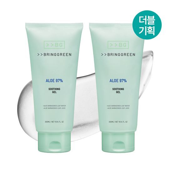 Bring Green Aloe 97% Soothing Gel 300mL double pack, a K-Beauty skincare product for sun care and hydration.
