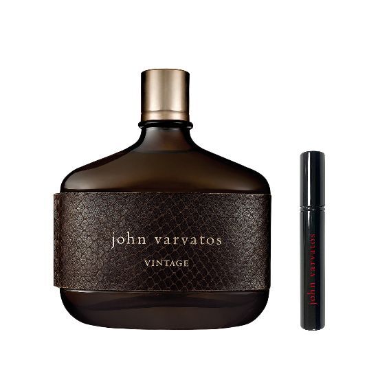 John Varvatos Vintage EDT 75ml fragrance set with a travel bottle, elegantly packaged for personal care and beauty.