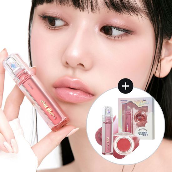 Etude Over Glow Gloss 2.8g in Special Edition 03 Peach Sorbet with complimentary Glowy Lip Balm, showcasing a vibrant peach hue and glossy finish.