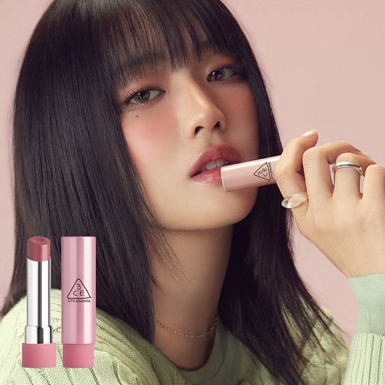 Alt text: 3CE Glaze Lip Glow in 'Salty Sweet' - a collection of 9 vibrant colors for a glossy finish.