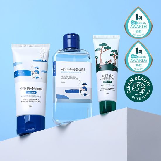 Round Lab Birch Tree Toner and Cream Set for Men with Limited Edition Clay Pack 50ml - K-Beauty Skincare Essentials.