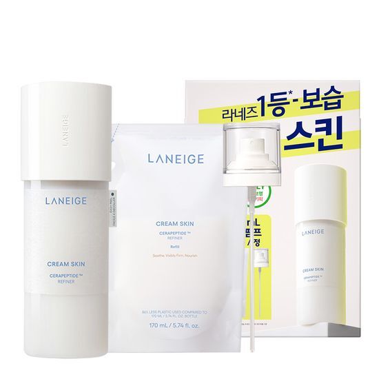 Laneige Cream Skin 170ml Refill Set featuring a 170ml refill bottle and mist pump, perfect for skincare enthusiasts seeking K-Beauty hydration.