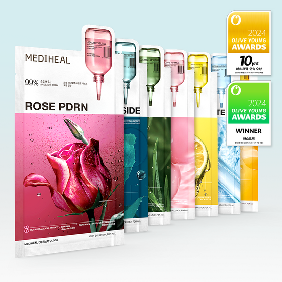 Single sheet of Mediheal Essential Mask Pack featuring Collagen Core Elasticity for enhanced skincare, part of a selection of 7 high-performance K-Beauty masks.