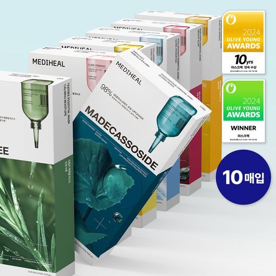 10-sheet Mediheal Essential Mask Pack featuring Ceramide Moisture Barrier, part of a high-performance skincare line with 7 variants, ideal for K-Beauty enthusiasts.