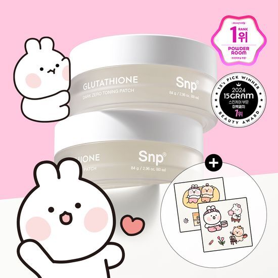 60 patches of SNP x Yumi's Glutathione Dark Zero Toning Patch double set with a bunny sticker, ideal for skincare enthusiasts seeking brightening and toning solutions.