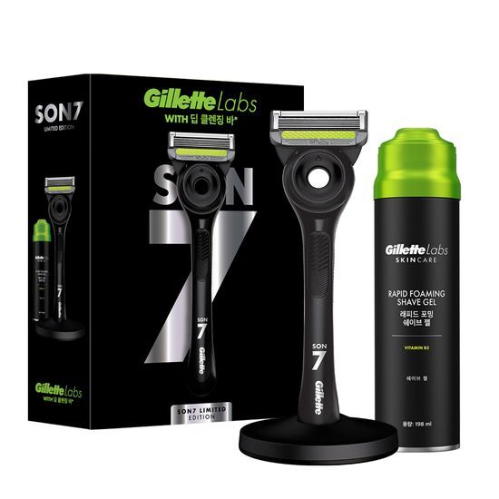 Gillette Labs Deep Cleansing Bar Son Heung-min 3.0 Edition Set featuring a sleek handle, one blade, shaving gel, and a stylish stand, designed for men's beauty and grooming.