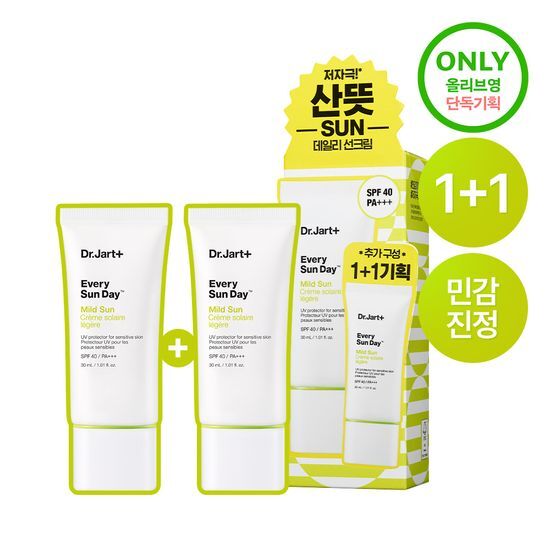 Dr. Jart+ Every Sun Day Mild Sunscreen 30ml 1+1 Set, a K-Beauty skincare product for sun care, featuring two bottles of lightweight sunscreen designed for gentle skin protection.