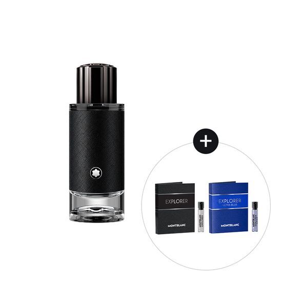 Montblanc Explorer EDP 30ml fragrance set with two 2ml samples of Explorer and Ultra Blue, elegantly packaged for personal care and beauty enthusiasts.