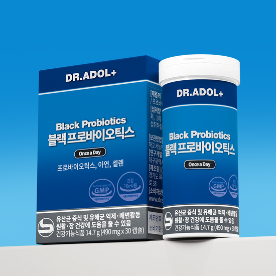 Dr. Adol Black Probiotics - 30 capsules for a 30-day supply, promoting gut health and wellness.