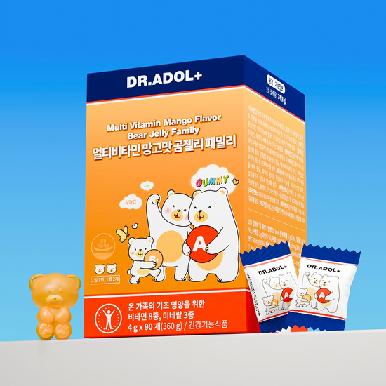 Dr. Adol Multi-Vitamin Mango Flavor Gummy Bears Family Pack with 90 gummies, offering a 45-day supply for daily health.