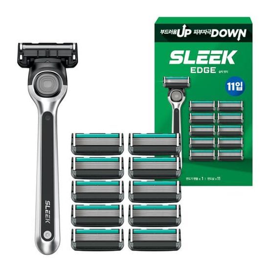 Large capacity Slick Edge Razor set featuring a sleek handle and 11 replacement blades for a smooth shaving experience, designed for men's beauty and personal care.