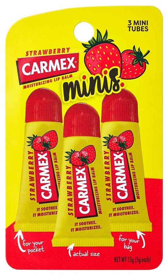 Three tubes of Carmex Moisturizing Lip Balm in Strawberry flavor (5g each) displayed together, featuring a warm color scheme.