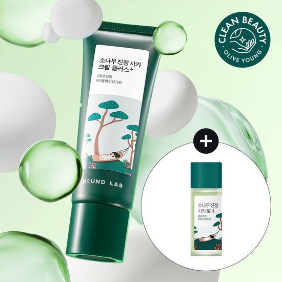 Round Lab Pine Soothing Cica Cream Plus 60ml with 20ml toner, featuring K-Beauty skincare for moisturized and soothing skin.