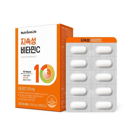 NutriOne Life Sustained Release Vitamin C 30 Tablets - 30-Day Supply, showcasing a bottle with label and tablets