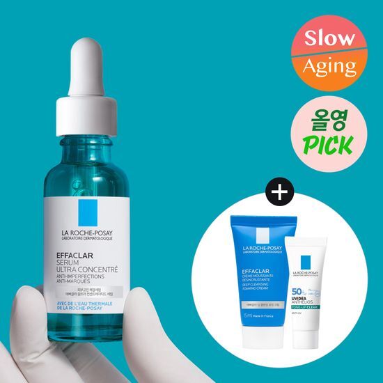 Set of La Roche-Posay Effaclar Serum 30ml with free Effaclar Foam 15ml and UVIDEA Tone-Up Clear 3ml, showcasing skincare essentials for healthy skin.