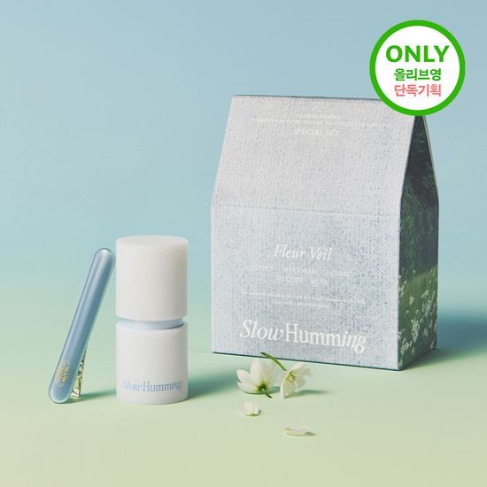 Slow Humming Flowerary Relief Perfume Balm Fleurveil Set featuring a floral design and included hairpin, ideal for K-Beauty enthusiasts.