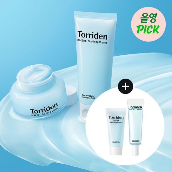 Toriden Dive-In Soothing Cream 100ml Double Limited Edition set featuring 100ml soothing cream, 20ml soothing cream, and 20ml serum for K-Beauty skincare enthusiasts.