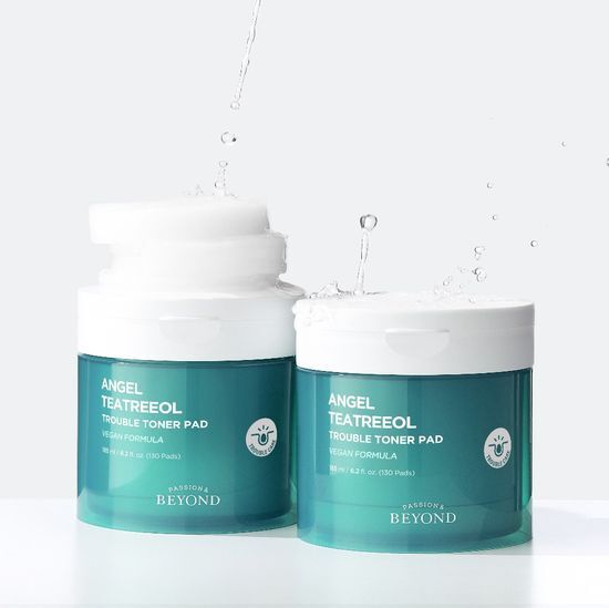 Beyond Angel Tea Tree Oil Trouble Toner Pads - 130 sheets of K-Beauty skincare for effective acne treatment and skin soothing.