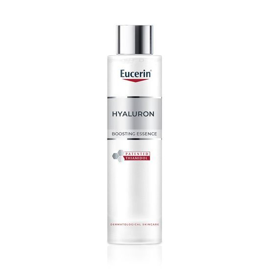 Eucerin Hyaluron Boosting Essence 100ml bottle, a hydrating skincare product designed for enhancing skin moisture, labeled under K-Beauty and skincare categories.