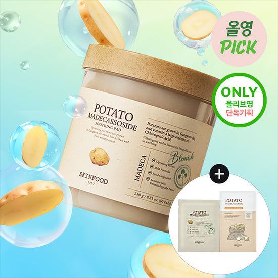 Skin Food Potato Madecassoside Soothing Pads - 60 sheets plus bonus 10 sheets and 1 potato sheet, K-Beauty skincare product for soothing and hydrating skin.