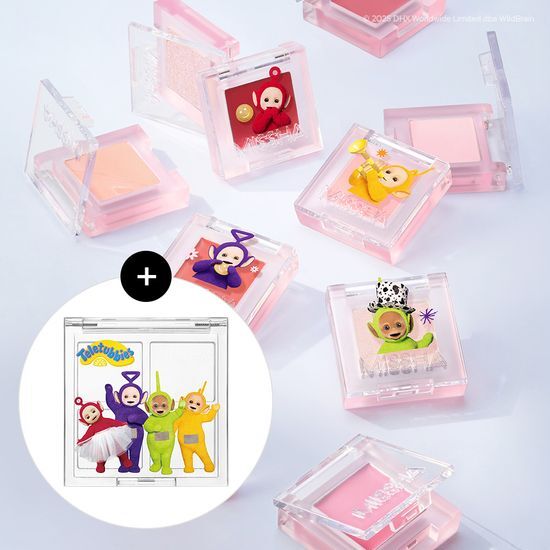 Alt text: Missha Teletubbies Collaboration Modern Pot in 101 Honey Apricot, featuring 10 versatile colors for eyes, lips, and cheeks.
