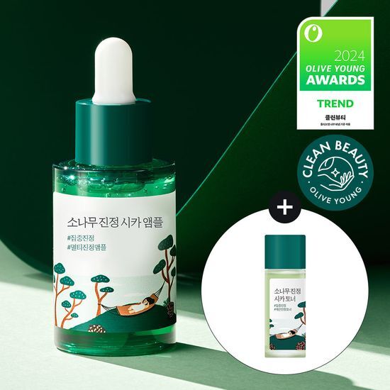 Round Lab Pine Soothing Cica Ampoule 30ml Set with Toner 20ml, K-Beauty skincare for soothing and nourishing skin.
