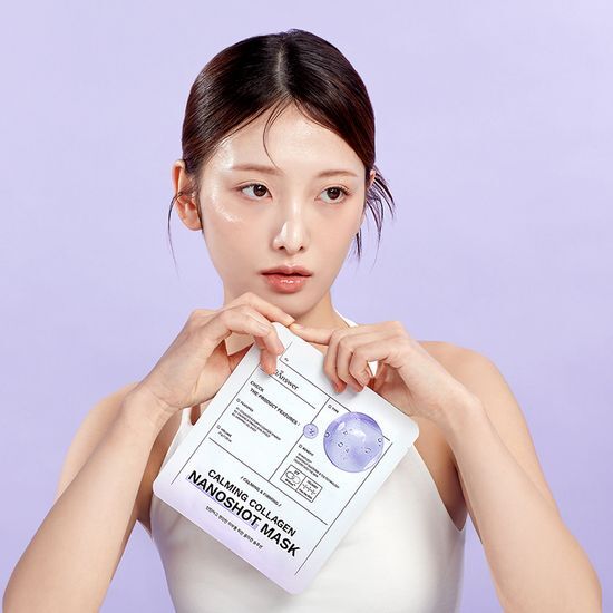 One sheet of MediAnswer Calming Collagen Nano Shot Mask, a K-Beauty skincare product designed to hydrate and soothe the skin.
