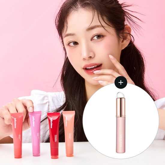 Tone Fit Jelly Dew Glossy Balm in Peach Jelly with free lip brush, featuring SPF 10 protection and available in four vibrant colors.