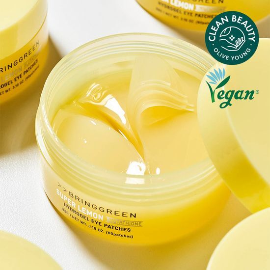 Bring Green Super Lemon Glutathione Hydrogel Eye Patches - 60 Sheets for brightening and rejuvenating the under-eye area, perfect for K-Beauty skincare routines.