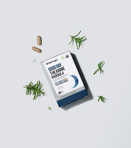 Enjet Origin Good Day Theanine Rhodiola 30 Tablets, warm packaging, one month supply.