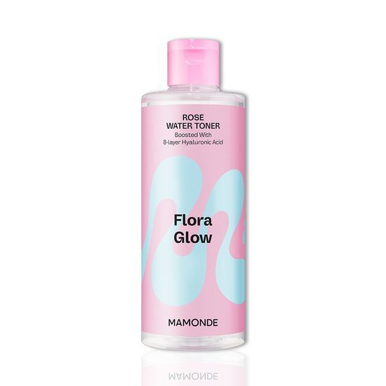 Bottle of Mamonde Flora Glow Rose Water Toner 300ml, a K-Beauty skincare product designed for hydration and radiance.