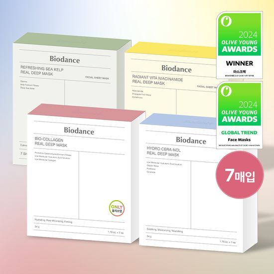 BioDance Real Deep Mask - 7 Sheets featuring collagen, ceramide, vitamins, and sea kelp for rejuvenating skincare in a K-Beauty style.