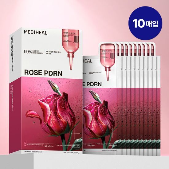 Pack of 10 Mediheal Rose PDRN Essential Masks designed for pore radiance, featuring K-Beauty skincare benefits.
