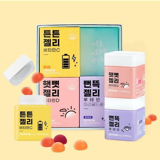 Nimomnaemom Nutritional Jelly Set featuring Vitamin C, Vitamin D, and Lutein in vibrant jelly form, designed for a one-month supply of health benefits, labeled 'Strong + Sunlight + Shiny Jelly'.