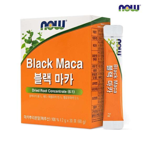 NOW Foods Black Maca 30 Sachets - 1 Month Supply, featuring a sleek packaging design highlighting the product name and brand.